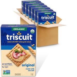 Triscuit Organic Original Whole Grain Wheat Crackers, Organic Crackers, Vegan Snacks, Bulk Lunch Snacks, 6 - 7 oz Boxes, Best By: May 31, 2026