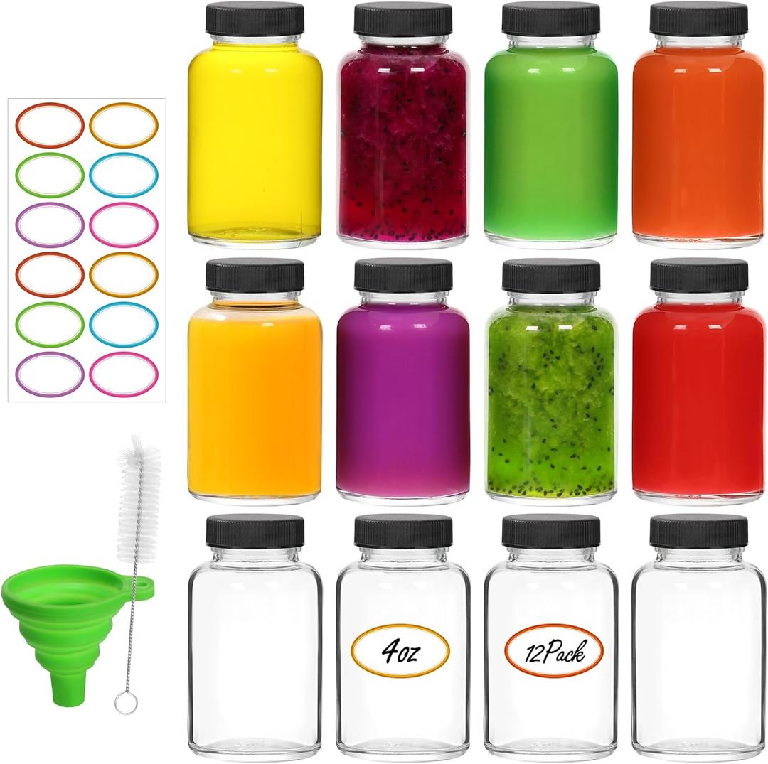 EkkoVla 12 Pack 4 OZ Glass Shot Bottles with Lids for Liquids, 120 ML Wide Mouth Jars with Caps, Reusable Small Clear Juice Shot Bottles for Juice, Sample, Whiskey - Travel EkkoVla 12 Pack 4 OZ Glass Shot Bottles with Lids for Liquids, 120 ML Wide Mouth Jars with Caps, Reusable Small Clear Juice Shot Bottles for Juice, Sample, Whiskey - Travel