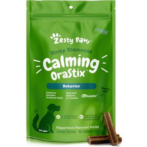 Zesty Paws OraStix for Dogs - Calming Dental Sticks for Stress with Hemp Melatonin Chamomile Dog Healthy Teeth and Gums Calm Composure for Fireworks and Thunderstorms - 12oz BB 8/2026