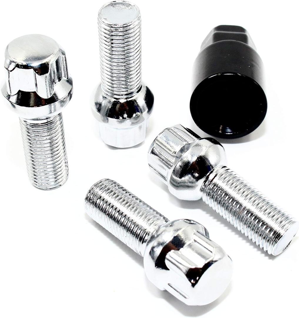 Set of 4 Veritek 14x1.5mm 2.10 Inch 28mm Shank Length 19mm 21mm Key Hex R12 OE Chrome Ball Seat Wheel Bolt Locks for Mercedes Audi VW Volkswagen Factory Wheels