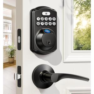 Veise Fingerprint Door Lock with 2 Lever Handles - Keyless Entry Door Lock, Electronic Keypad Deadbolt, Digital Smart Code & Front Handle Sets, Auto-Locking, Easy Installation, Matte Black