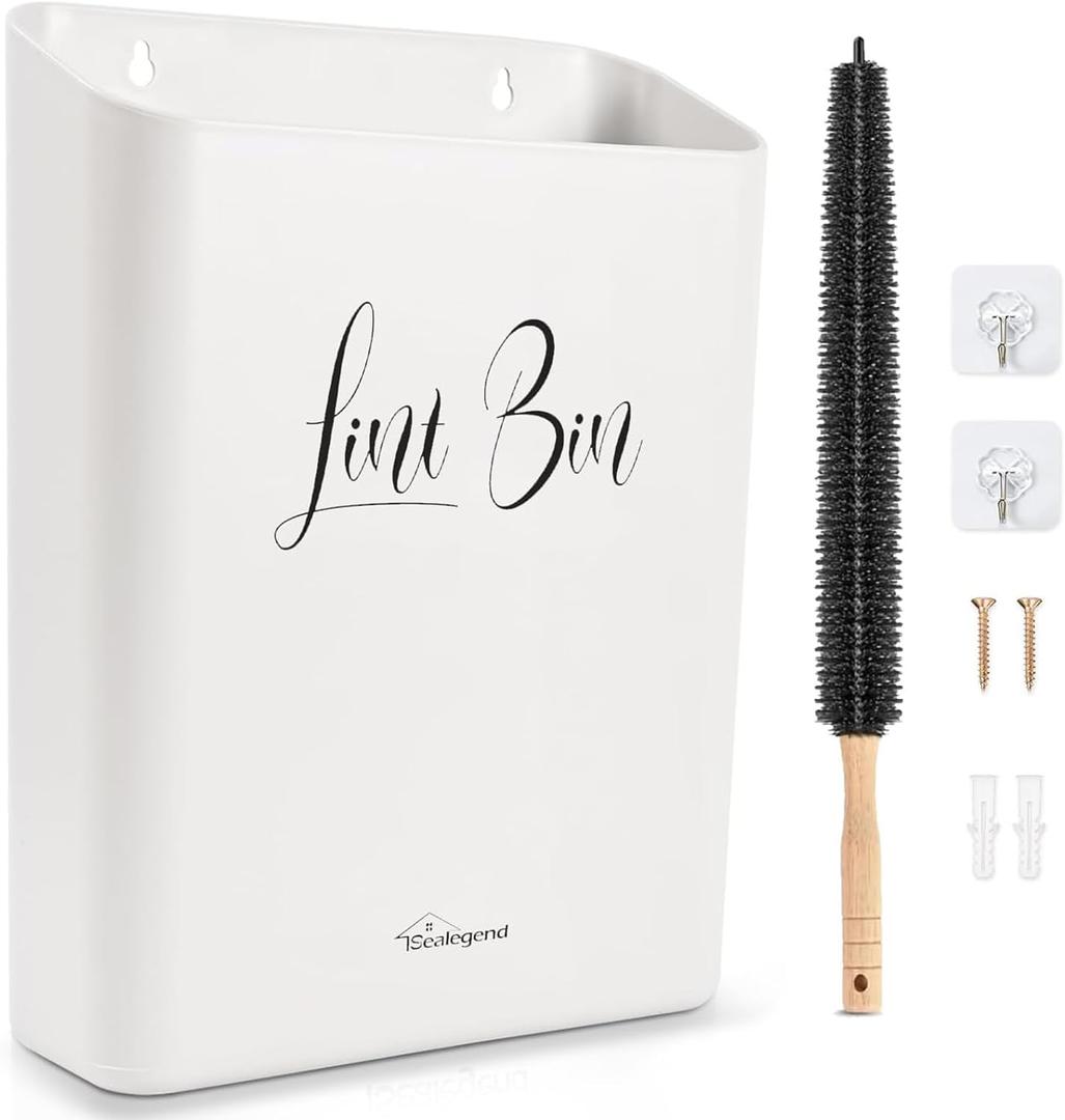 Sealegend Magnetic Lint Bin for Laundry Room with Dryer Lint Brush, Wall Mounted Trash Can Space-Saving Laundry Organization and Storage, White