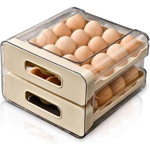 Koja 32-Egg, 2-Drawer Stackable Storage Container Holder for Refrigerator. Smooth Slide-out Drawers. BPA-free Kitchen Organizer, Space-Saving, Easy Access Design for Fridge. Durable and Leak-Proof (Beige)