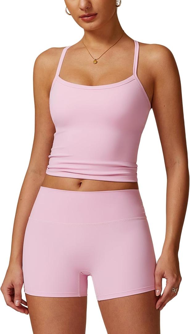 ABOCIW 2 Pieces Workout Sets for Women, Cross Back Tank Top Matching High Waist Biker Shorts, Gym Yoga Pilates Outfits (Pink, M)