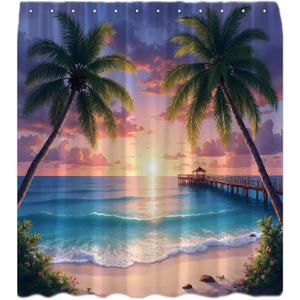 Ocean Beach Shower Curtain Tropical Palm Tree Sunrise Sea Waves Coastal Sunset Hawaiian Seaside Landscape Nature Bathroom Curtains Decor with Hooks (70"WX70"H/180x180CM, Blue Pink)