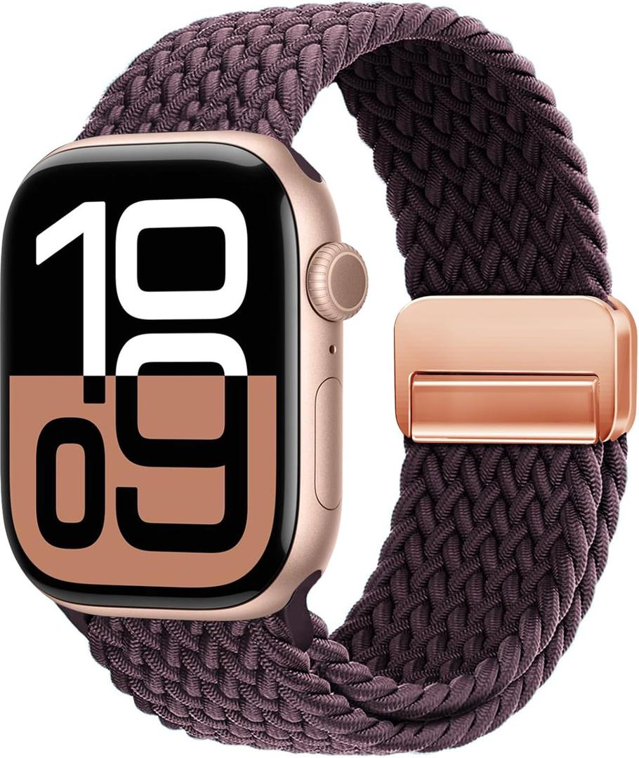 OMECKY Magnetic Braided Loop Band Compatible with Apple Watch Series 11 10 42mm 9 8 7 6 5 4 40mm 41mm for Women Men, Stretchy Nylon Elastic Sport Strap for iWatch SE 1/2/3, Baby Blue (Dark Cherry-Rosegold)