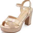 hingswink Womens Sparkly Platform Dress Sandals for Women Chunky Block Heel 3.8 Inch High Heels Open Toe with Strap for Women Comfortable Sexy Dressy Prom Wedding Party Evening Shoes, Champagne US 8