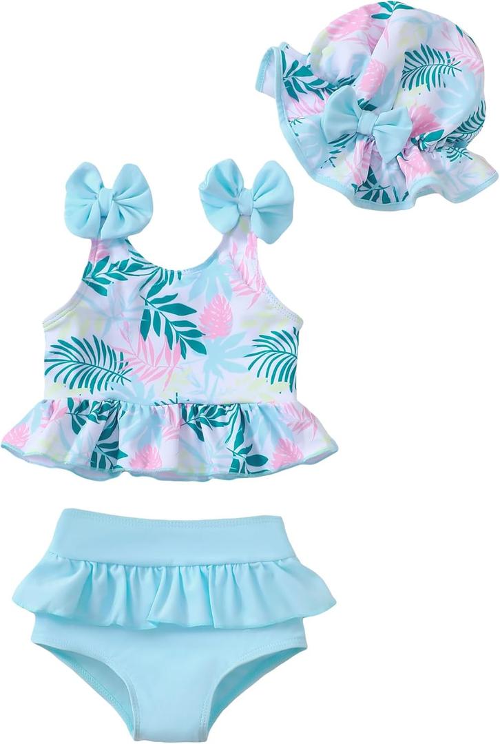 Mioglrie Baby Infant Swimsuit Girl Toddler Bathing Suit Girl Summer Beach Bikini Tankini Swimwear Hat 3-24 Months 2t-5t (Blue Hawaiian)