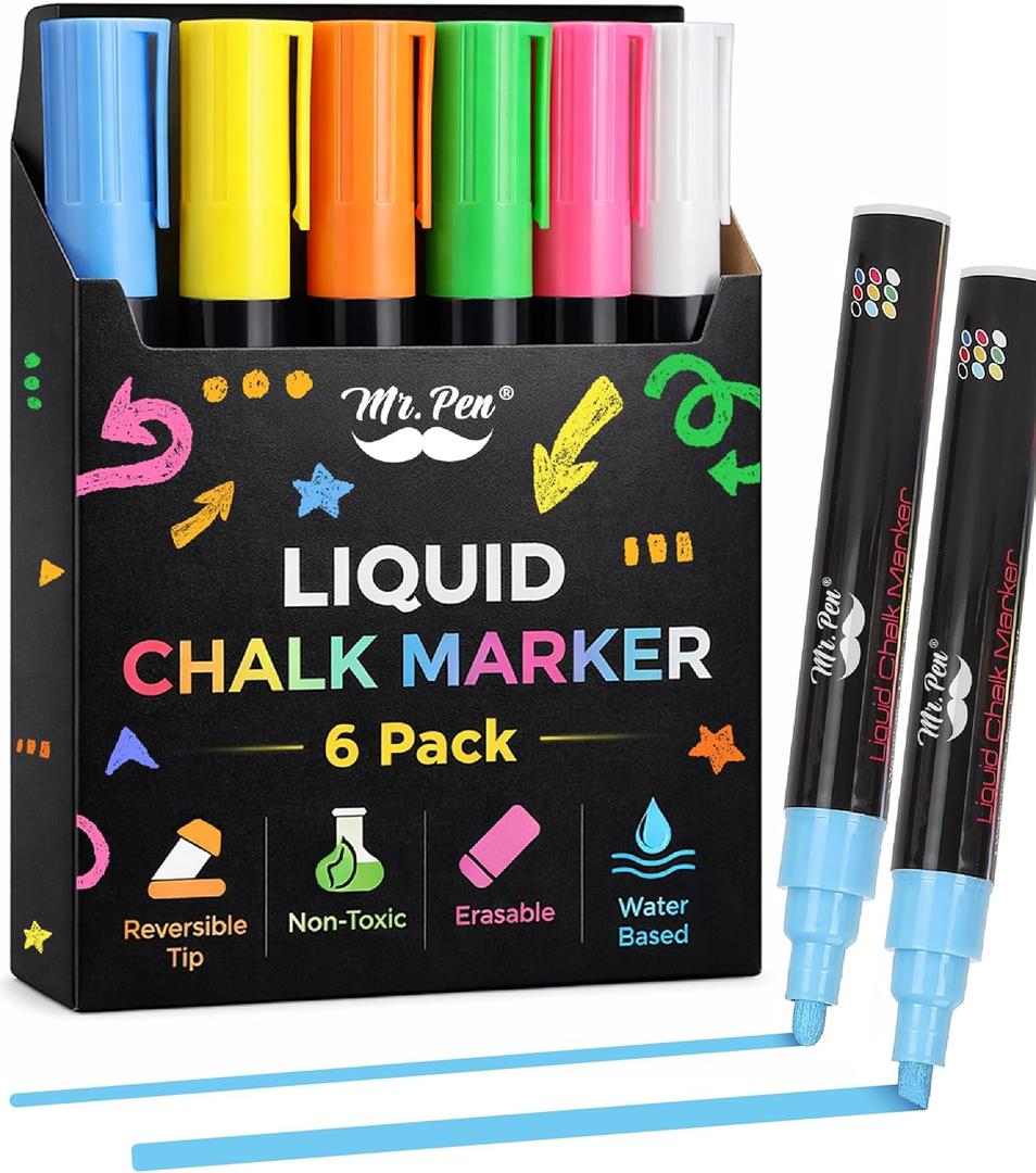 Mr. Pen- Liquid Chalk Markers, 6 Pack, Reversible Tip, Vibrant Colors, Erasable Chalk Marker, Non-Toxic Water-Based Chalkboard Markers for Window and Glass, Washable Window Paint Marker