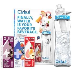Cirkul 22oz. BPA-Free Plastic Water Bottle Starter Kit with Blue Lid, 3 Flavor Cartridges (1 LifeSip Fruit Punch, 1 FitSip Mixed Berry, 1 GoSip Black Cherry) Zero Calories and No Sugar