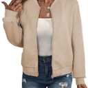 EVALESS Womens Bomber Jacket Coat Casual Stand Collar Zip Up Lightweight Fall Fashion Jackets Outfits with Pockets (Beige, S)