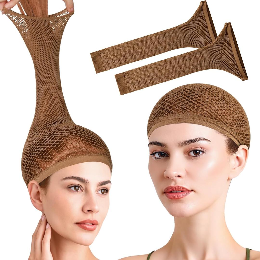 Fandamei Wig Cap, Hair Net for Wigs, 30 CM Large Mesh Wig Cap for Long Hair for Women, Nylon Hair Net Non Slip for Halloween Rave Party Cosplay-Brown 2 PCS