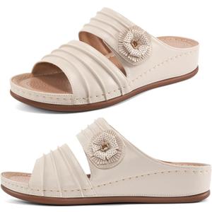 HARENCE Sandals for Women Wedge Slides: Comfortable Summer Beach Platform Shoes with Flowers Dressy Memory Foam Slip On Slide Sandals (7, Beige)