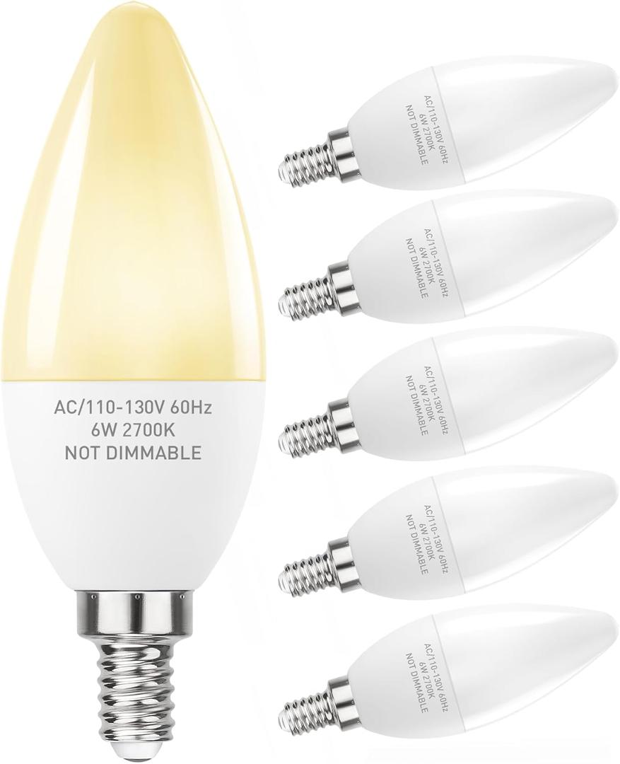 PARTPHONER E12 Base LED Light Bulbs B11 Candelabra Bulbs 60W Equivalent, Non-Dimmable 6W LED Bright Candle Small Base Chandelier Bulb 600 Lumen, 2700K Soft White for Pack of 6