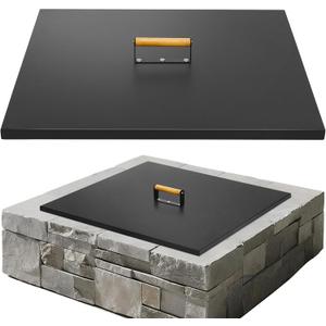 Firepit Lid Square - Rust Resistant 28" x 28" Fire Pit Lid Cover with Wooden Handle & Gloves, Fire Pit Snuffer Lid for Courtyards, Patio, Winter Cold Protection. Fits Fire Pits Up to 26"