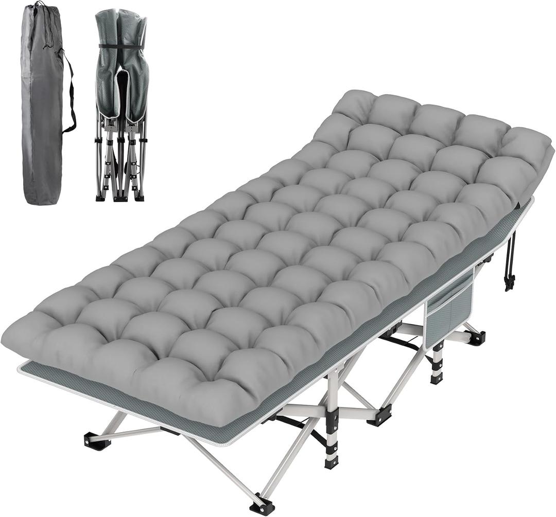 Suteck Camping Cot, Folding Camping Cot Bed for Adults Sleeping 1200D Double Layer Oxford Portable Folding Outdoor Cots for Camping W/Soft Pad Carry Bag for Home Office Nap Beach Travel, 500LBS,Grey, 75"×28"×15"