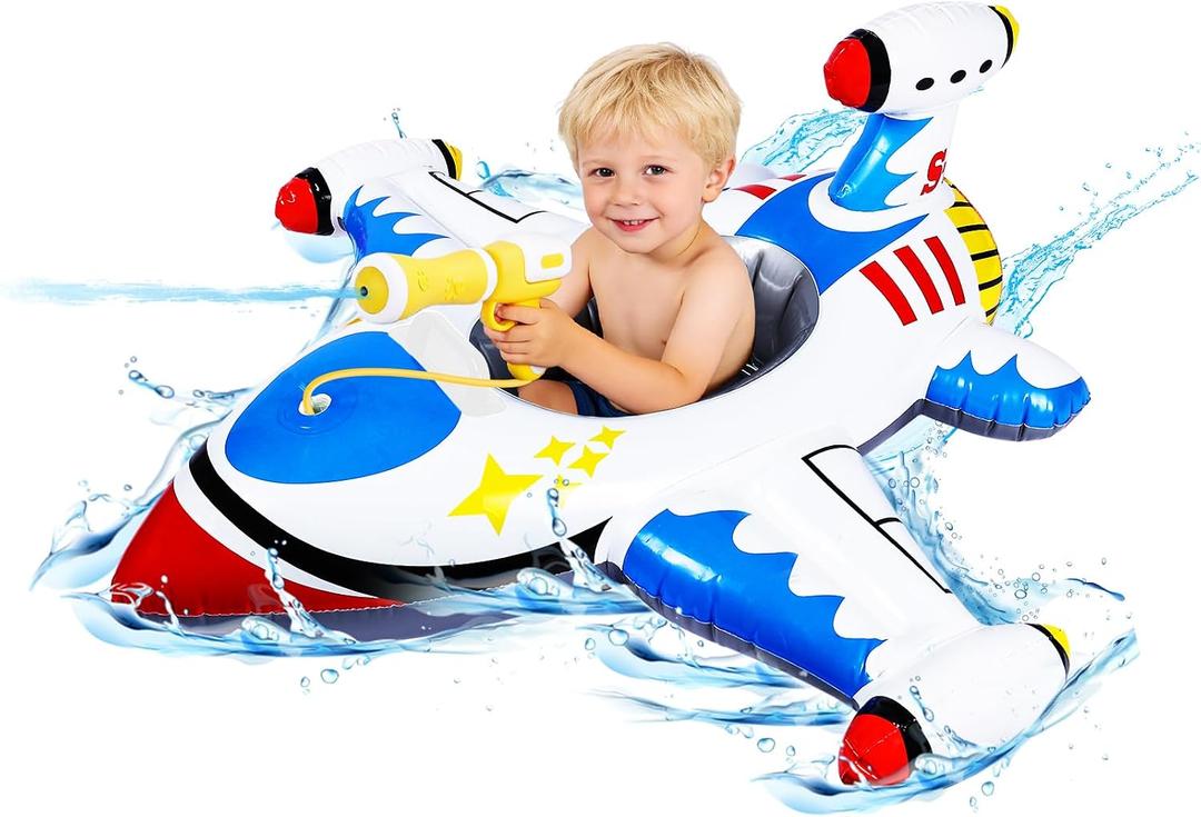 Baby Airplane Pool Float with Handle & Squirt Gun, Baby Swim Float Swimming Pool Float Kids Toddler Floaties Toddler Pool Float Age 1-4 Boys Girls Inflatable Ride-ons Pool Beach Toys