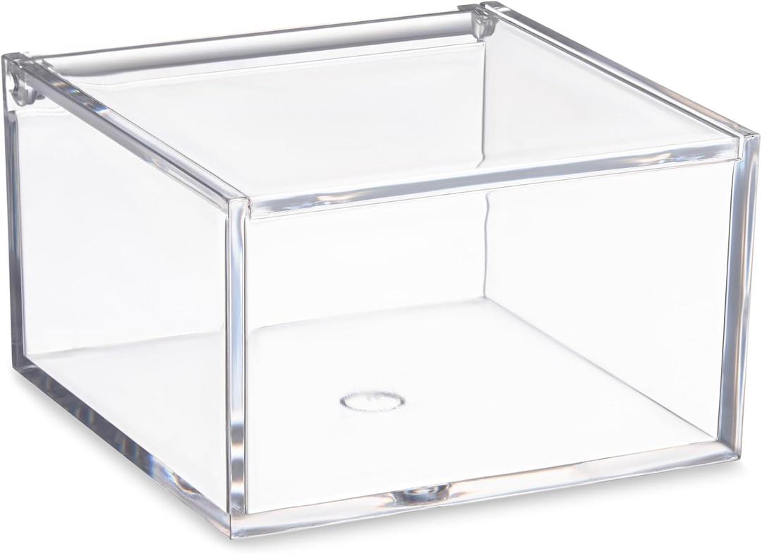 Hammont Clear Acrylic Box with Hinged Lid  Small Plastic Organizer for Office, Desk, Makeup, Crafts, Cotton Balls, Jewelry & More | 4"x4"x2.5" (2 Pack)