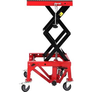 Hydraulic Motorcycle Lift Jack 350LBS, Foot Operated Scissor Lift Table for ATV Dirt Bike, Heavy-Duty Steel Stand with Safety Lock & Wheels, 13.78-34.25" Height Adjustable, Oil Drain Hole (Red)