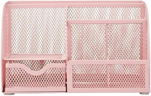 Mesh Desk Organizer Office with 7 Compartments + Drawer/Desk Tidy Candy/Pen Holder/Multifunctional Organizer (Pink)