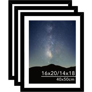 JCJMY 3 Pack 16x20 Picture Frame Black with 14x18 Mat for 40 x 50cm Diamond Art Painting, Display Photo 14x18 with Mat or 16 x 20 Without Mat, Wall Hanging Large Frame with Plexiglass, Black