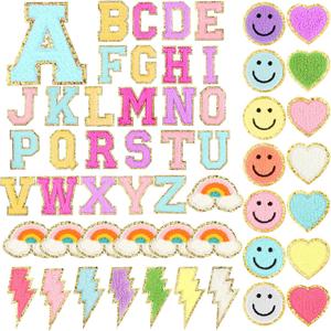 Geosar 54 Pcs Self Adhesive Chenille Letters Patches Glitter Rainbow Preppy Cute Sew Patches Christmas Letter Craft for DIY Clothing Backpack Bag(2.17 Inch,Multicolored)