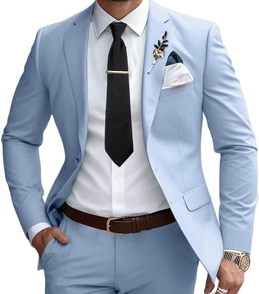 Mens Suits Slim Fit 2 Piece Wedding Prom Tuxedo Classic Blazer Jacket Pants Set (Blue, M)