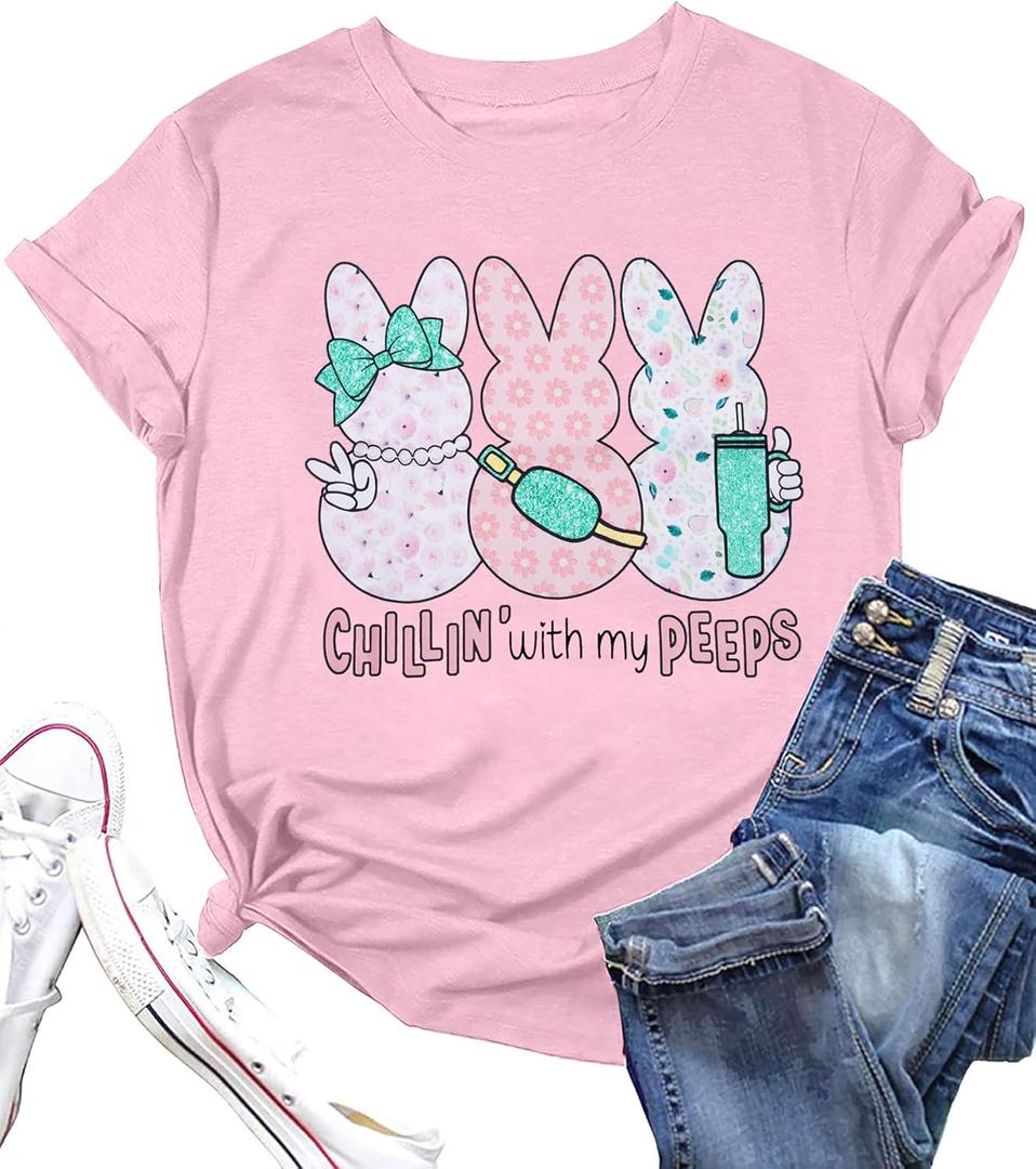 Women Chillin'with My Peeps Shirt Easter Shirt Funny Bunny T-Shirt Cute Rabbit Tee Tops Easter Day Gift (XXL)