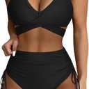SUUKSESS Womens High Waisted Bikini Sets Tummy Control Drawstring Tie Knot Swimsuit (Small, Black)