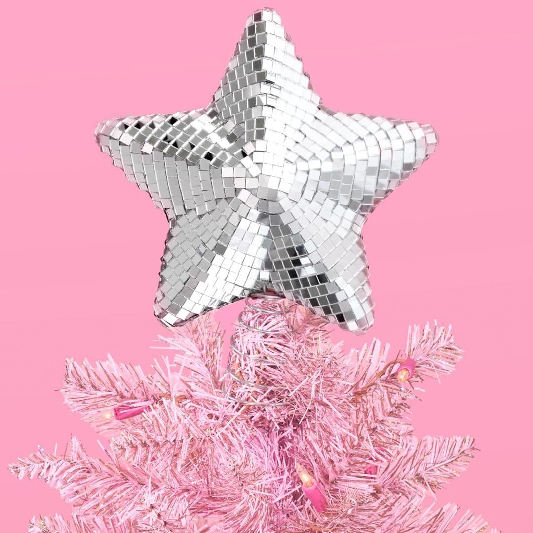xo, Fetti Silver Disco Star Tree Topper, 8 in. | Christmas Tree Angel, Groovy Xmas Decorations, Holiday Party Decor, Fun Winter Gift, Metallic Stocking Stuffer