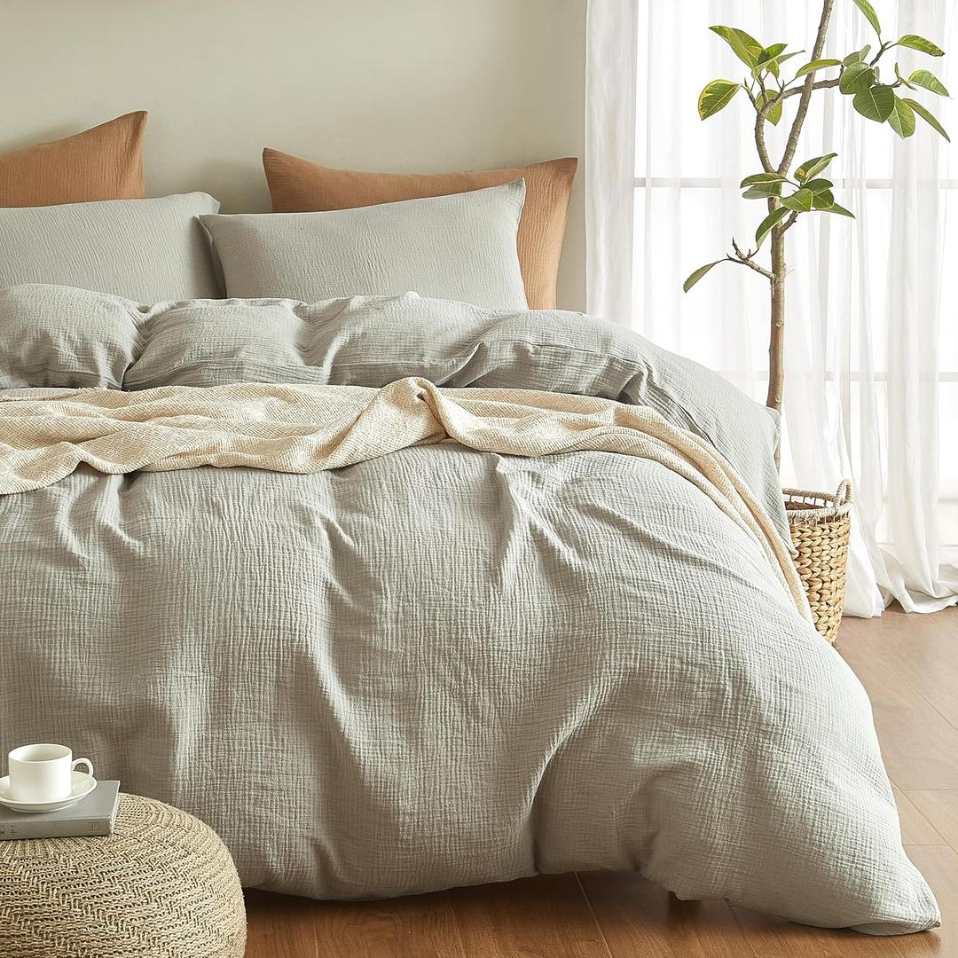 SE SOFTEXLY Muslin Duvet Cover Queen Size, 100% Washed Cotton Duvet Cover Set, Ultra Soft Comforter Cover Linen Like, 3 Pieces Minimalist Gauze Duvet Cover with 2 Pillowcases, 90"x90", Smoky-Green