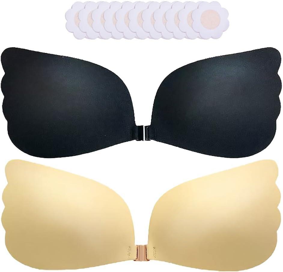 Sticky Bra Push Up Adhesive Invisible Backless Strapless Stick on Lift Bra 2 Pairs Resuable with Nipple Covers (Black, S)