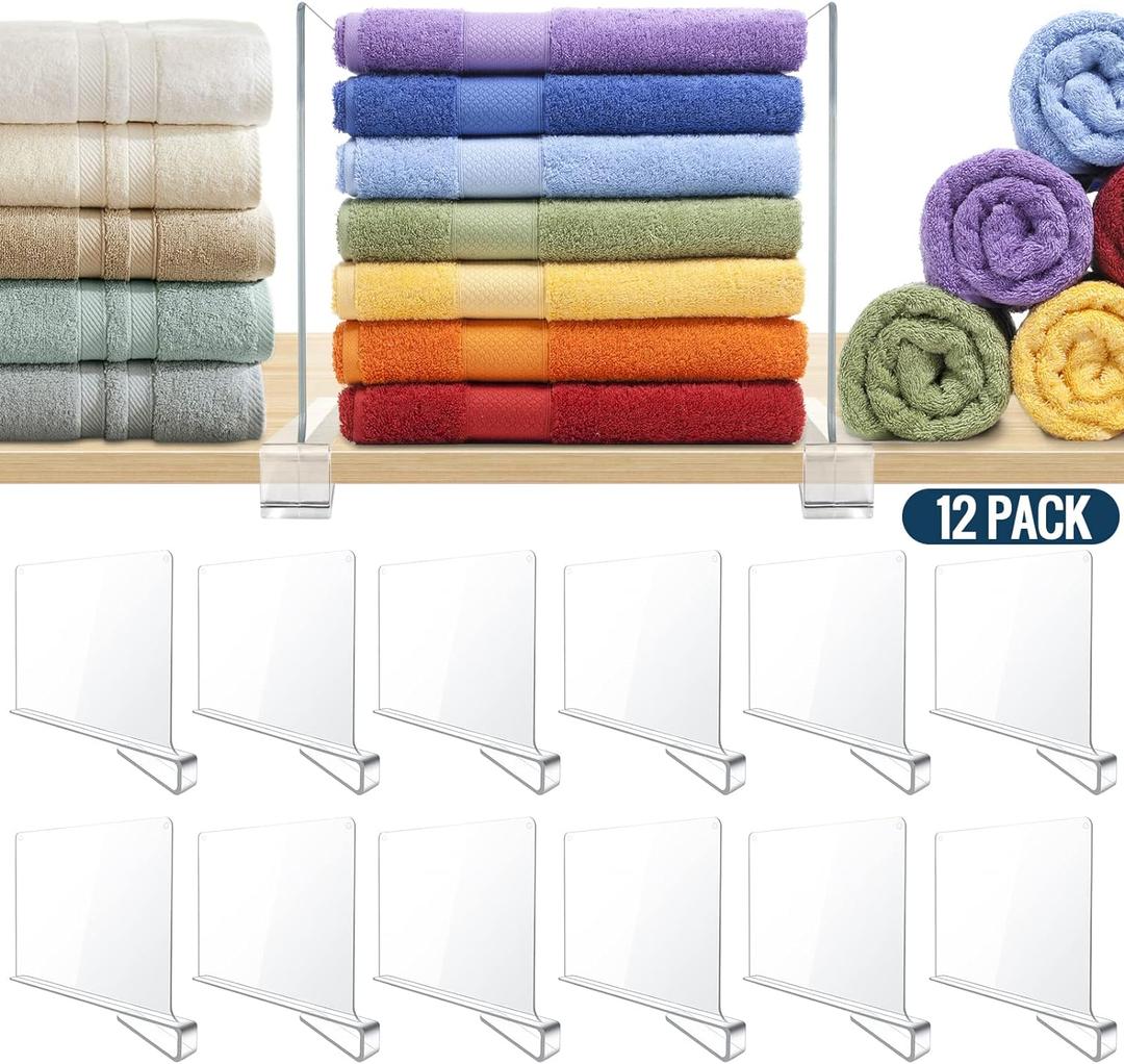 12 Pack Clear Acrylic Shelf Dividers for Closet Shelf Organizer of Bedroom Kitchen Office Bathroom Organizer for Clothes Books Hats and Handbags