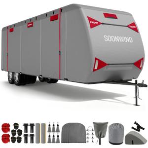 Heavy Duty 7 Layers RV Cover, Camper Cover & Travel Trailer Cover 27-30ft, Waterproof Windproof All-Weather Protection with Tongue Jack Cover, Gutter Covers & Reinforced Straps - Red