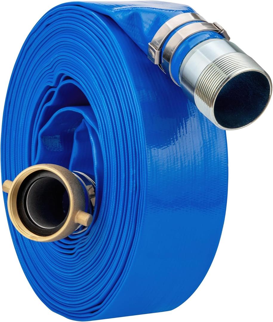 1-1/4" x 50ft PVC Lay Flat Water Pump Discharge Hose with NPT Pin Lug and Nipple Fittings, Heavy Duty Reinforced Pool Backwash Hose Assembly