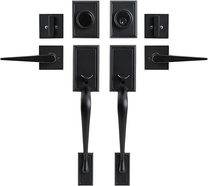 GUA OYH Double Front Door Handle Matte Black Double Door Lock Keyed Dummy Door Lock Set with Handle Lever for Front Door or Office Door