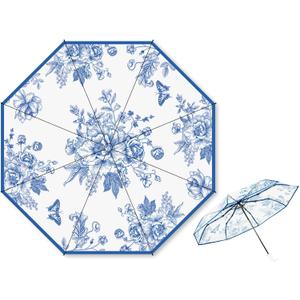 Whaline Blue Floral Clear Travel Umbrella Vintage Flower Waterproof Windproof Compact Umbrellas Transparent Chinoiserie Folding Umbrella for Wedding Birthday