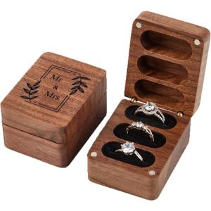 Roycraft Mr & Mrs Wedding Ring Box 3 Slot for Ceremony Engagement Birthday Ring Bearer Box Wooden Engrave Wedding Ring Box- Black Lining