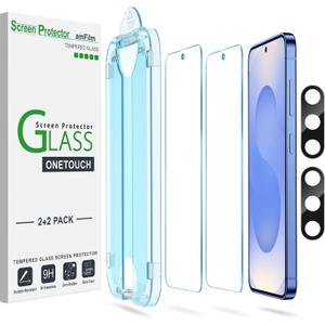 amFilm Auto-alignment OneTouch for Samsung Galaxy S25 6.2'' Screen Protector + Camera Lens Protector, Tempered Glass, 30 seconds Installation, Bubble Free, Case Friendly, Anti-Scratch [2+2 Pack]