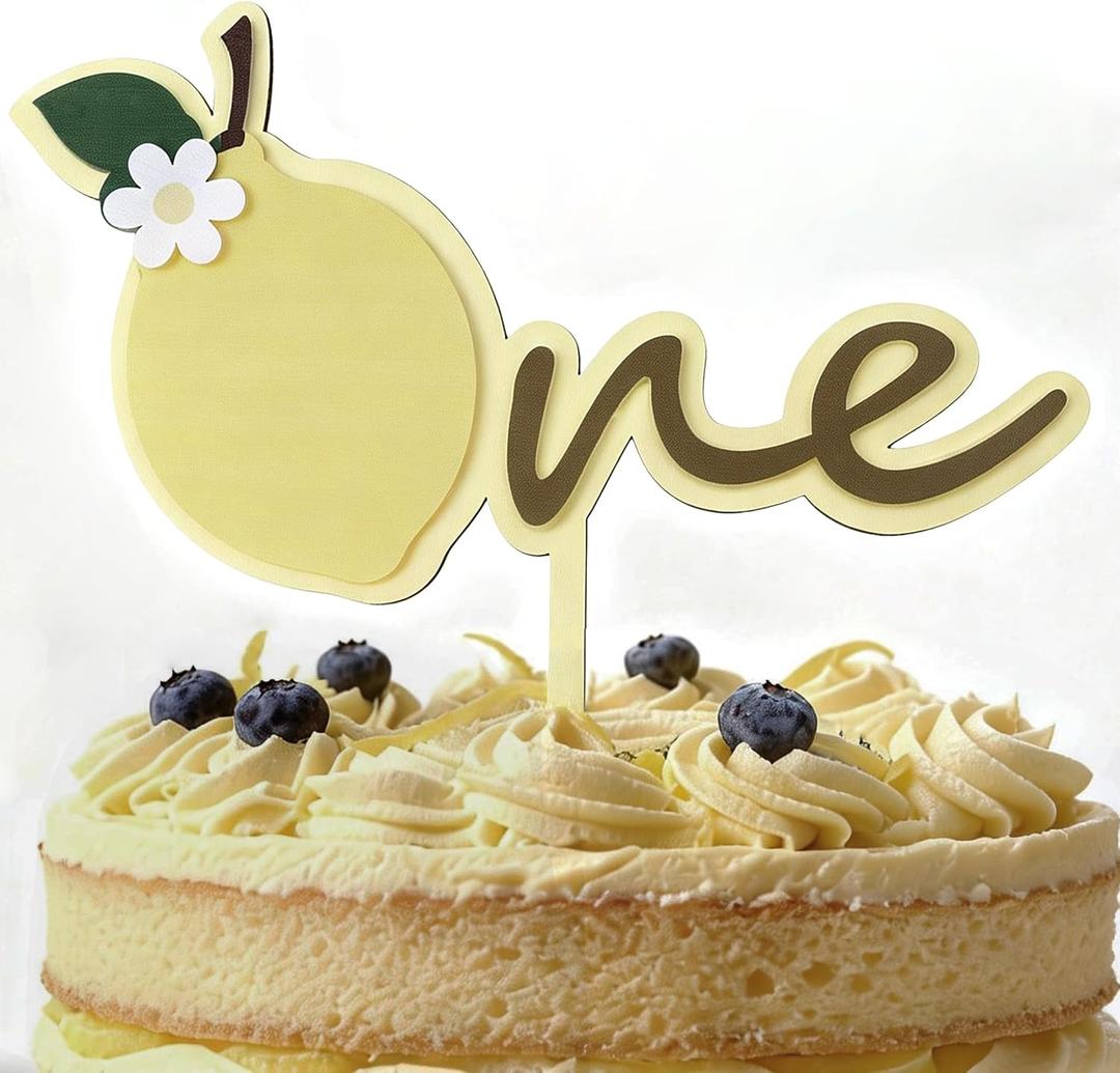 Wood Lemon First Cake Topper - Wooden and Acrylic Boys and Girls One Year Cake Topper for Baby First Year Birthday Party,Anniversary,Kids 1st Birthday Decorations (Lemon First Birthday Cake Topper)