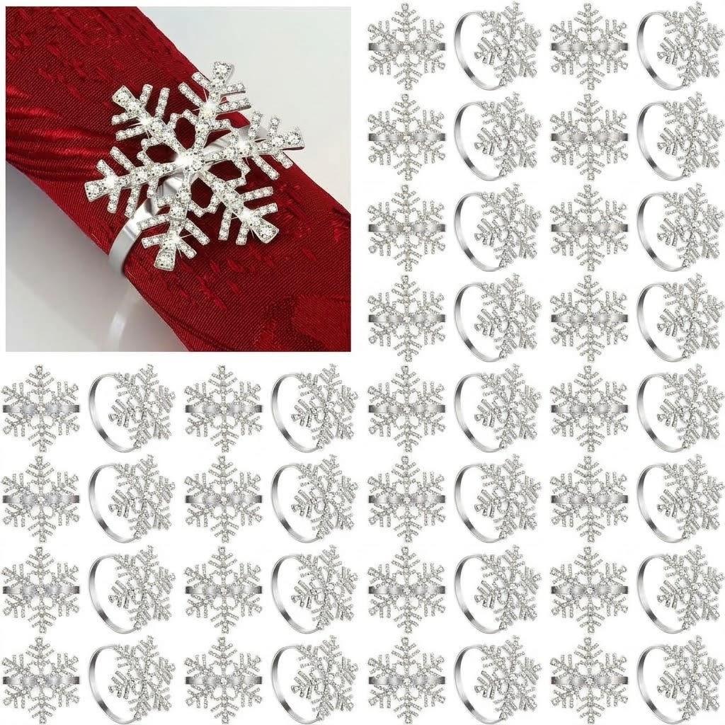Patelai 48 Pieces Christmas Snowflake Napkin Rings Set Christmas Rhinestone Napkin Holders for Wedding Xmas Holiday Party Dinner Table Setting Supplies Decoration (Silver)