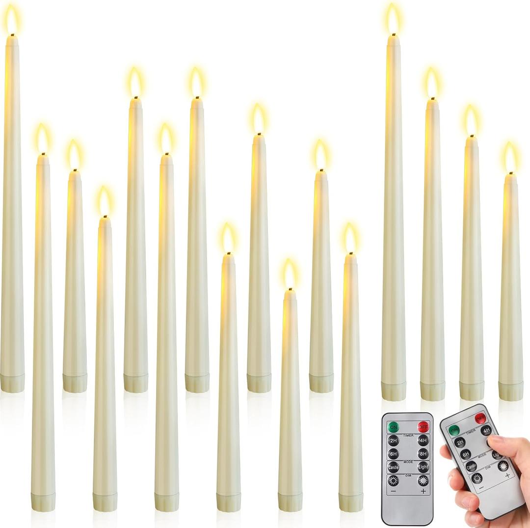 Rossesay 16 Pcs Ivory Flameless Taper Candles Battery Operated Candles with Remote Timer 8.5" 9.6" 10.8" 12.8" Multiple Sizes Ivory LED Flickering Candlestick for Wedding Centerpieces Party Decor