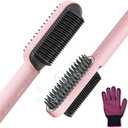 ISTORAGE Hair Straightener Brush, Ring Ionic Hair Straightener Comb Ceramic Straightening Brush for Women with 5 Temps 15s Fast Heating & Dual Voltage, Pink