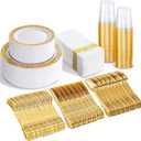 bUCLA 350PCS Gold Plastic Plates Disposable - Gold Plastic Dinnerware Set Include 50 Dinner / 50 Dessert Plates, 50 Forks, 50 Knives, 50 Spoons, 50 Cups, 50 Napkins for Party & Thanksgiving (Gold - Lace Design)