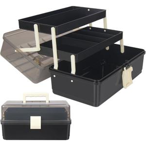 WEWLINE 13-Inch Art Storage Box 3-Layers Plastic Storage Box with Handle Craft Art Bin Portable for Home School Office Travel, Black