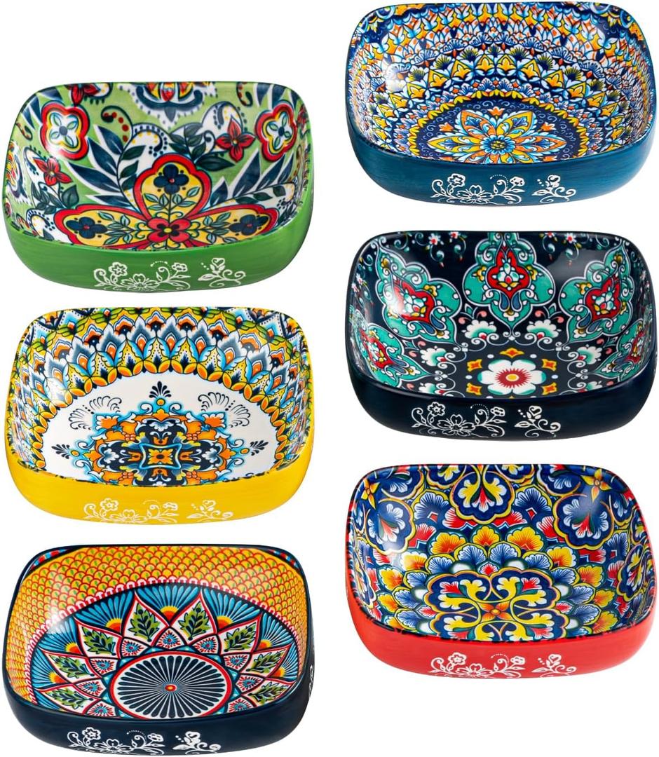 HENXFEN LEAD Boho Ceramic Square Bowls  20 oz Colorful Bowls for Snacks, Dessert, Side Dishes, Pasta - 6 Inches Appetizer Plates Set of 6, Microwave & Dishwasher Safe