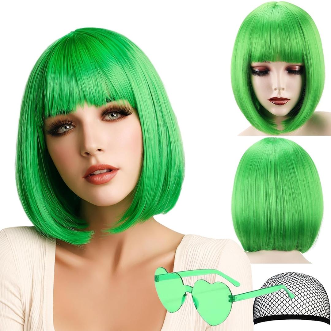 Bob Wig, 12 Inch Short Bob Wig with Bangs,Straight Cosplay Wig,Heat Resistant,Adjustable Straps Wigs for Women Girl with Wig Cap (Kelly Green, 12 Inch)