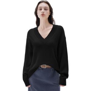 SUUKSESS Women Cashmere Blend Oversized V Neck Long Sleeve Pullover Sweaters (Medium, Jet Black)