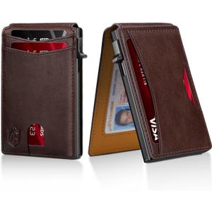 Zitahli Card Holder Wallet for Men, RFID Blocking Slim Wallet with ID window,Pop Up Metal credit card holder, Bifold Minimalist Wallet idea gifts for men (06-Coffee with yellowish-Brown)