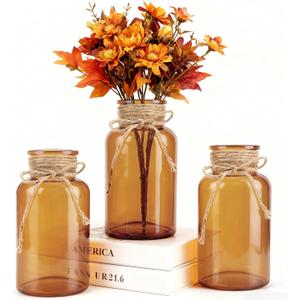 3 Pack Mason Jar Vases for Centerpieces, Amber Glass Flower Vase